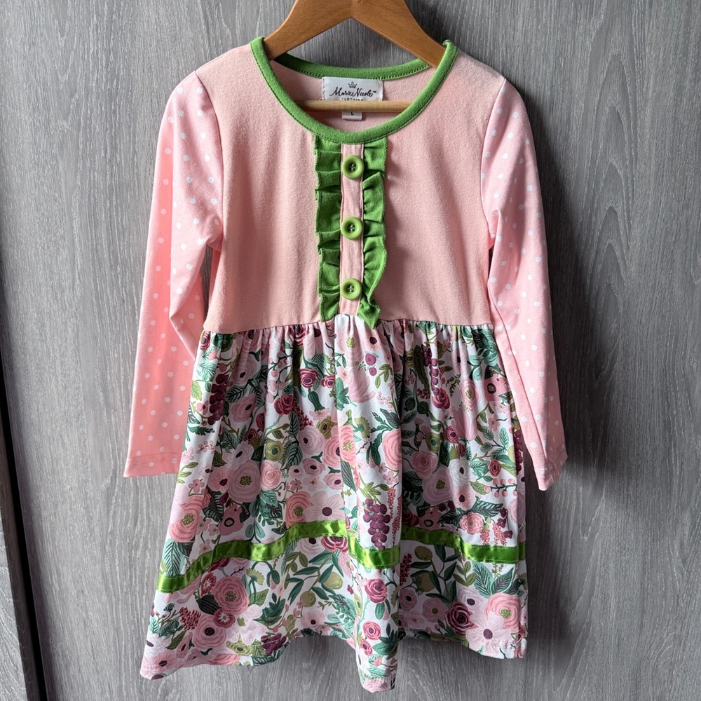 Marie Nicole Floral Ruffle Dress Girls L 4y Pink Green Cottagecore Boutique
